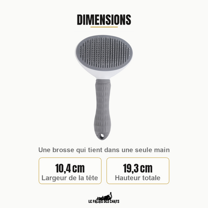Dimensions de la brosse autonettoyante pour chat, tête de 10,4 cm et hauteur totale de 19,3 cm
