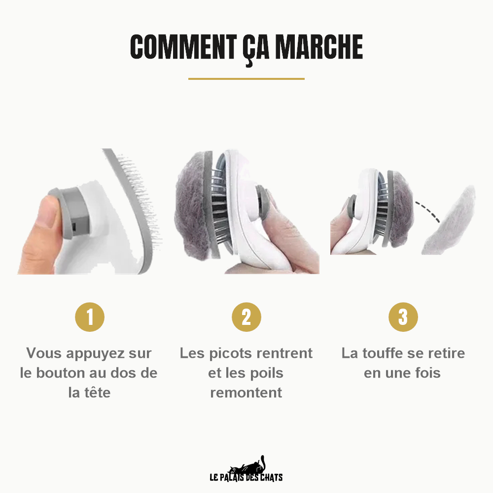 Les trois étapes du nettoyage de la brosse autonettoyante pour chat
