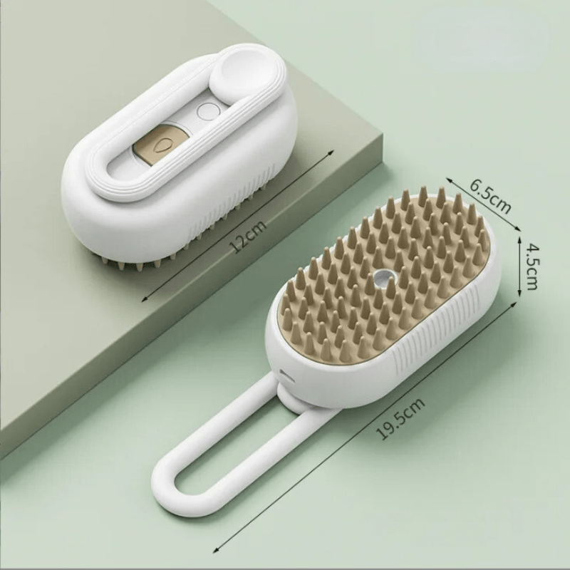 Brosse vapeur coloris Blanche vue sous deux angles avec ses dimensions, picots beiges et poignée repliable
