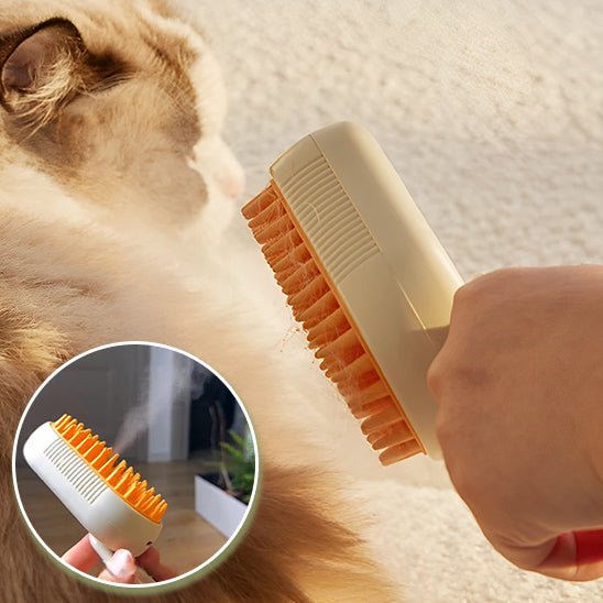 Gros plan des picots orange de la brosse sur un chat roux, encart montrant la diffusion de vapeur