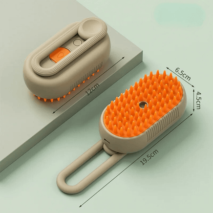 Brosse vapeur coloris Khaki vue sous deux angles avec ses dimensions, picots orange et poignée repliable