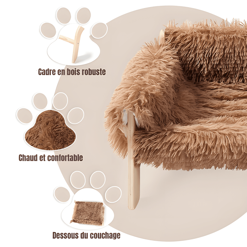 Gros plan du canapé pour chat WoodLuxe : cadre en bois robuste, couchage chaud et confortable, et dessous du couchage