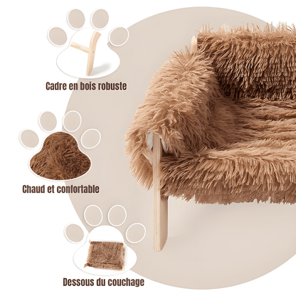 Gros plan du canapé pour chat WoodLuxe : cadre en bois robuste, couchage chaud et confortable, et dessous du couchage