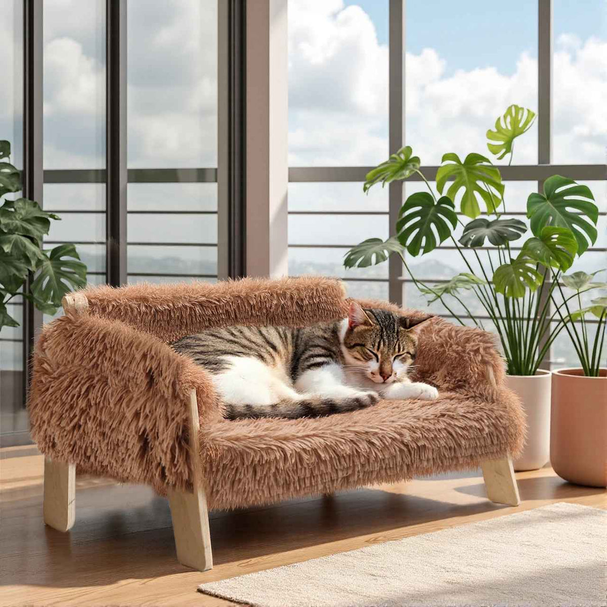 Canapé pour chat WoodLuxe marron à poils longs sur pieds en bois, avec un chat tigré endormi devant une baie vitrée