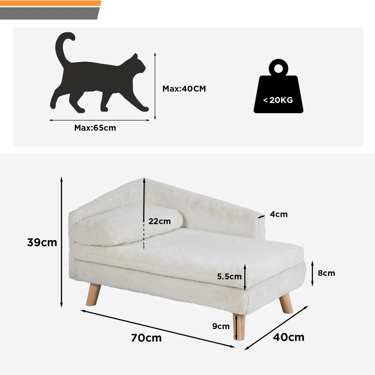 Dimensions du canapé pour chat Cat Deluxe : 70 x 40 cm, 39 cm de haut, pour un chat jusqu'à 65 cm de long et moins de 20 kg