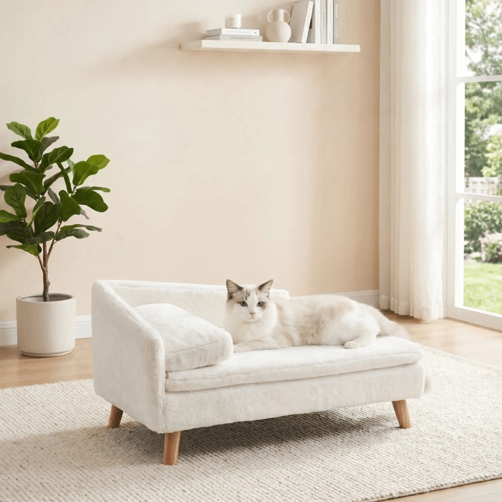 Chat installé sur le canapé pour chat Cat Deluxe blanc, posé sur un tapis dans un salon lumineux