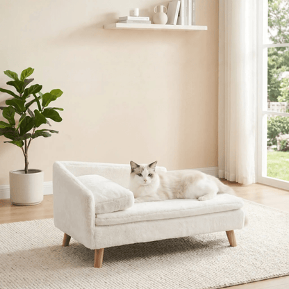 Chat installé sur le canapé pour chat Cat Deluxe blanc, posé sur un tapis dans un salon lumineux