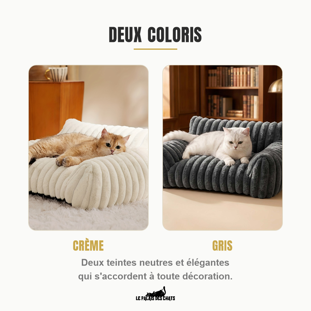 Canapé côtelé pour chat en deux coloris, crème lumineux et gris feutré, côte à côte