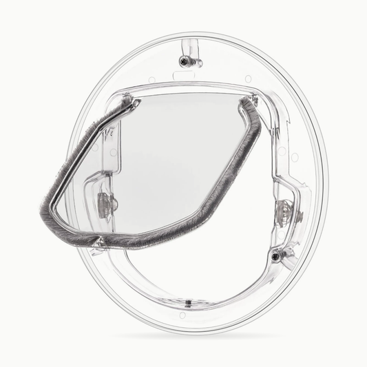 Chatière ronde transparente pour vitre et baie vitrée L'Œil-de-Bœuf, rabat entrouvert bordé d'une brosse grise