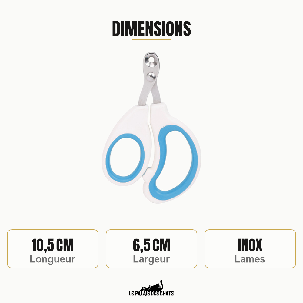Dimensions des ciseaux coupe-ongles pour chat La Manucure Royale : 10,5 cm de long, 6,5 cm de large, lames en inox