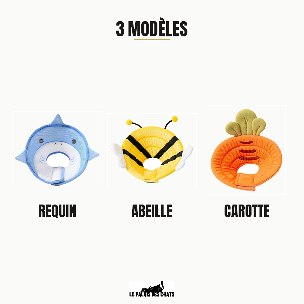 Les trois modèles de collerette pour chat : requin, abeille, carotte
