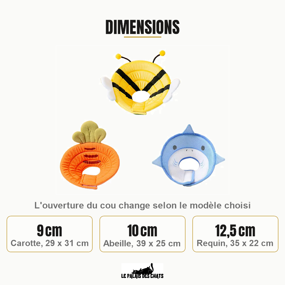 Dimensions des trois modèles de collerette pour chat et ouverture de cou