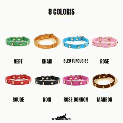 Collier pour chat Majesté Céleste, 8 coloris : vert, khaki, bleu turquoise, rose, rouge, noir, rose bonbon, marron