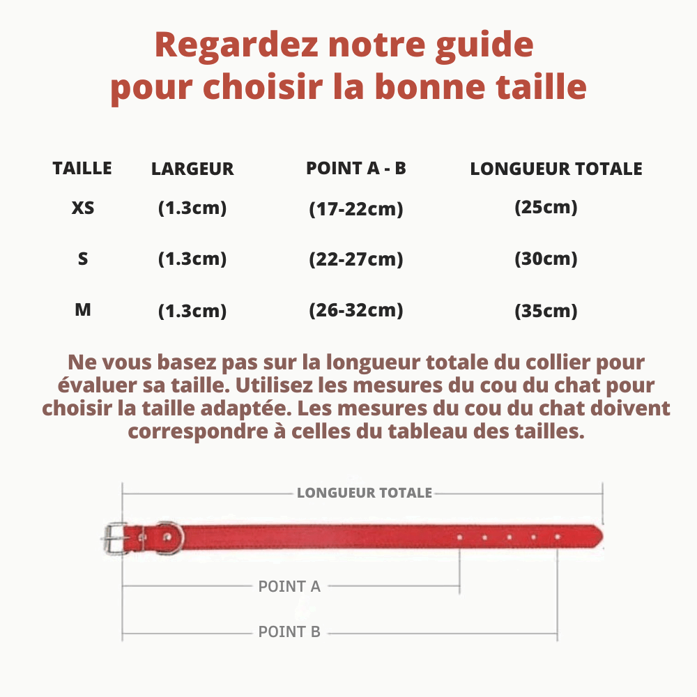 Guide des tailles XS, S et M : largeur 1,3 cm, tour de cou 17 a 32 cm, longueur totale 25 a 35 cm