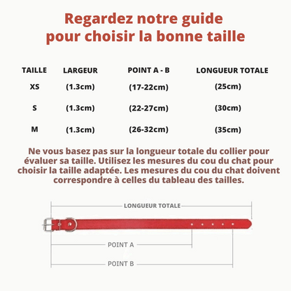 Guide des tailles XS, S et M : largeur 1,3 cm, tour de cou 17 a 32 cm, longueur totale 25 a 35 cm
