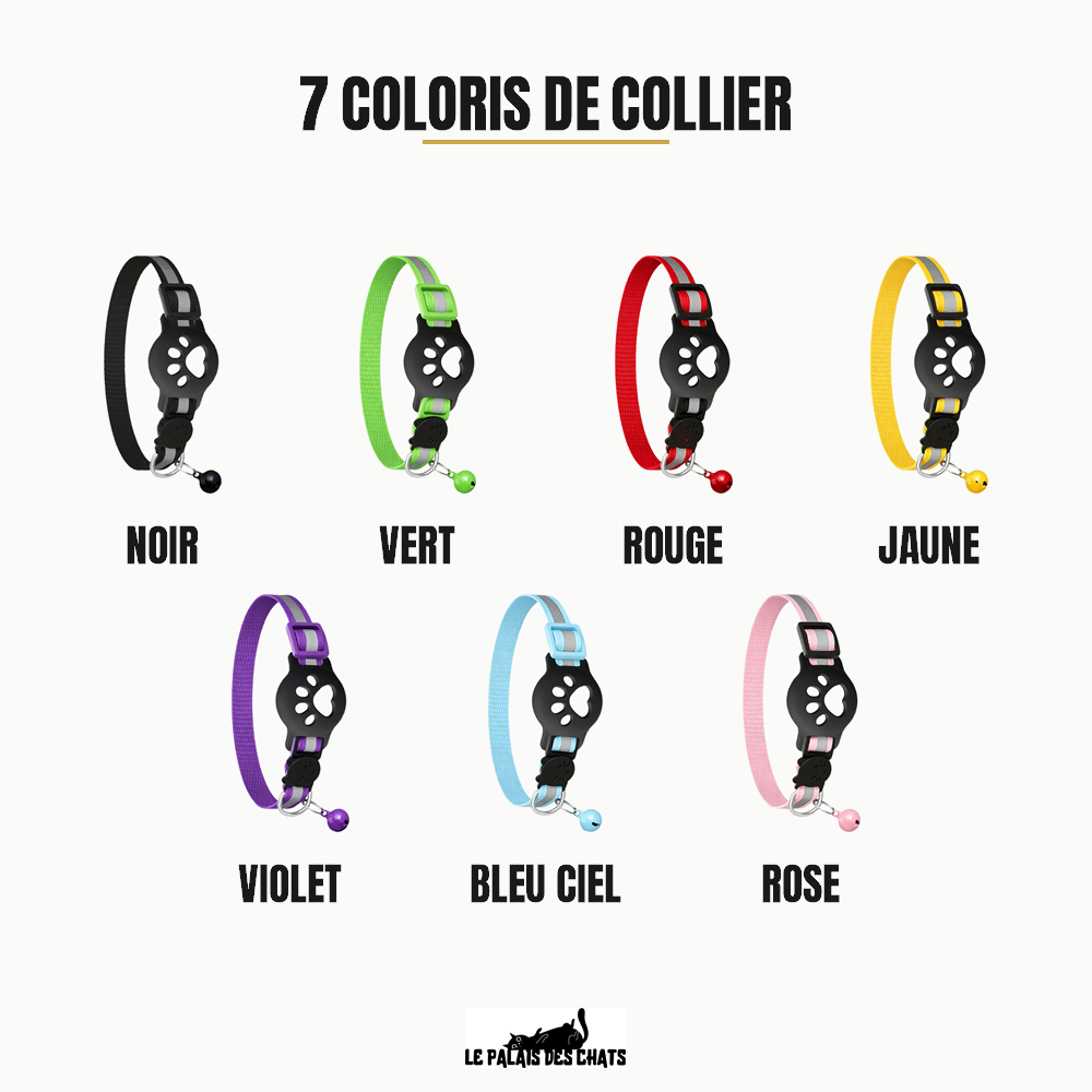 Les 7 coloris de collier connecté pour chat : noir, vert, rouge, jaune, violet, bleu ciel et rose