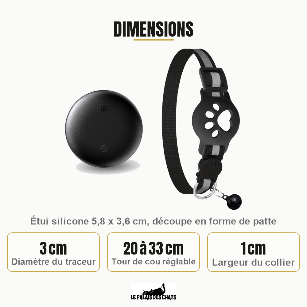 Dimensions du collier connecté pour chat : traceur de 3 cm, tour de cou réglable de 20 à 33 cm, collier de 1 cm de large