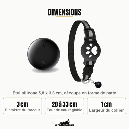 Dimensions du collier connecté pour chat : traceur de 3 cm, tour de cou réglable de 20 à 33 cm, collier de 1 cm de large