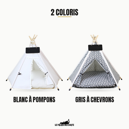 Les deux coloris du tipi pour chat Le Campement Royal, blanc à pompons et gris à chevrons