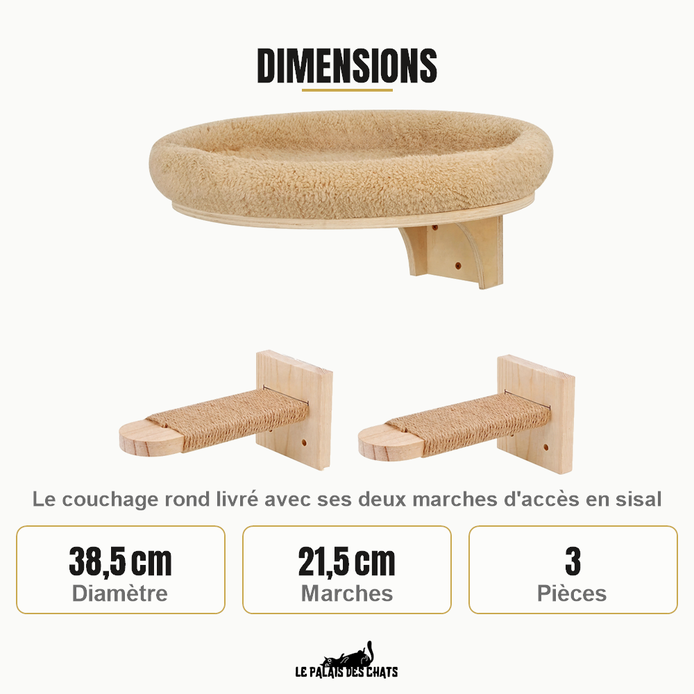 Dimensions : couchage de 38,5 cm de diamètre, marches de 21,5 cm, trois pièces
