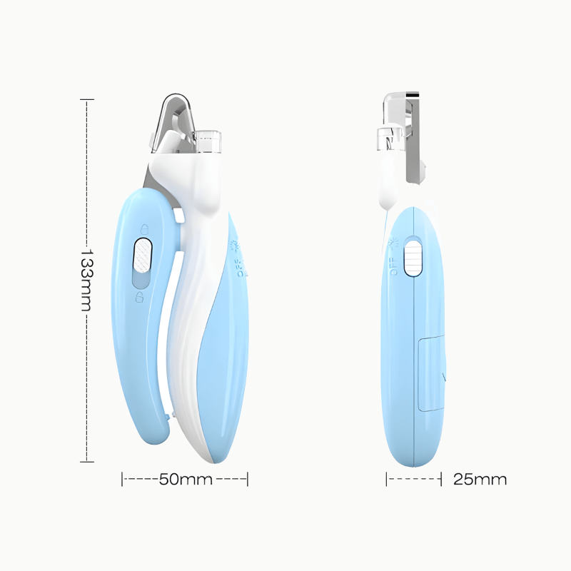 Schéma coté du coupe-griffes bleu, de face et de profil : 133 mm de hauteur, 50 mm de largeur et 25 mm d’épaisseur