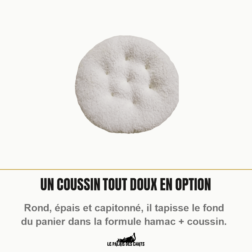 Coussin rond capitonné en peluche blanche, en option avec le hamac pour chat La Balancelle Royale