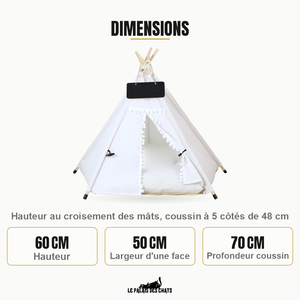 Dimensions du tipi pour chat Le Campement Royal, 60 cm de haut au croisement des mâts, 50 cm par face, coussin de 70 cm de profondeur