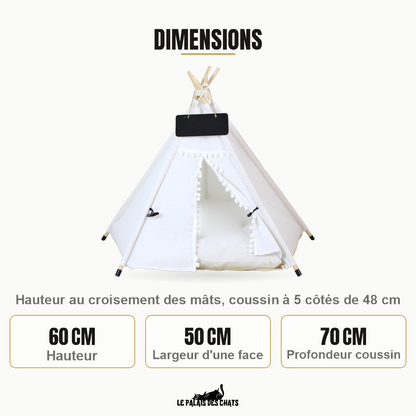 Dimensions du tipi pour chat Le Campement Royal, 60 cm de haut au croisement des mâts, 50 cm par face, coussin de 70 cm de profondeur