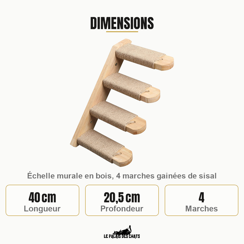 Dimensions de l'échelle murale pour chat : 40 cm de longueur, 20,5 cm de profondeur depuis le mur, 4 marches en sisal