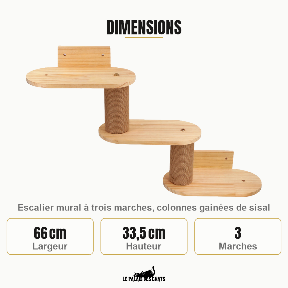 Dimensions de l'escalier mural : 66 cm de large, 33,5 cm de haut, trois marches