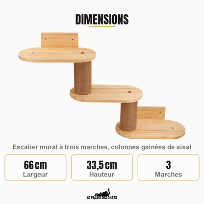 Dimensions de l'escalier mural : 66 cm de large, 33,5 cm de haut, trois marches