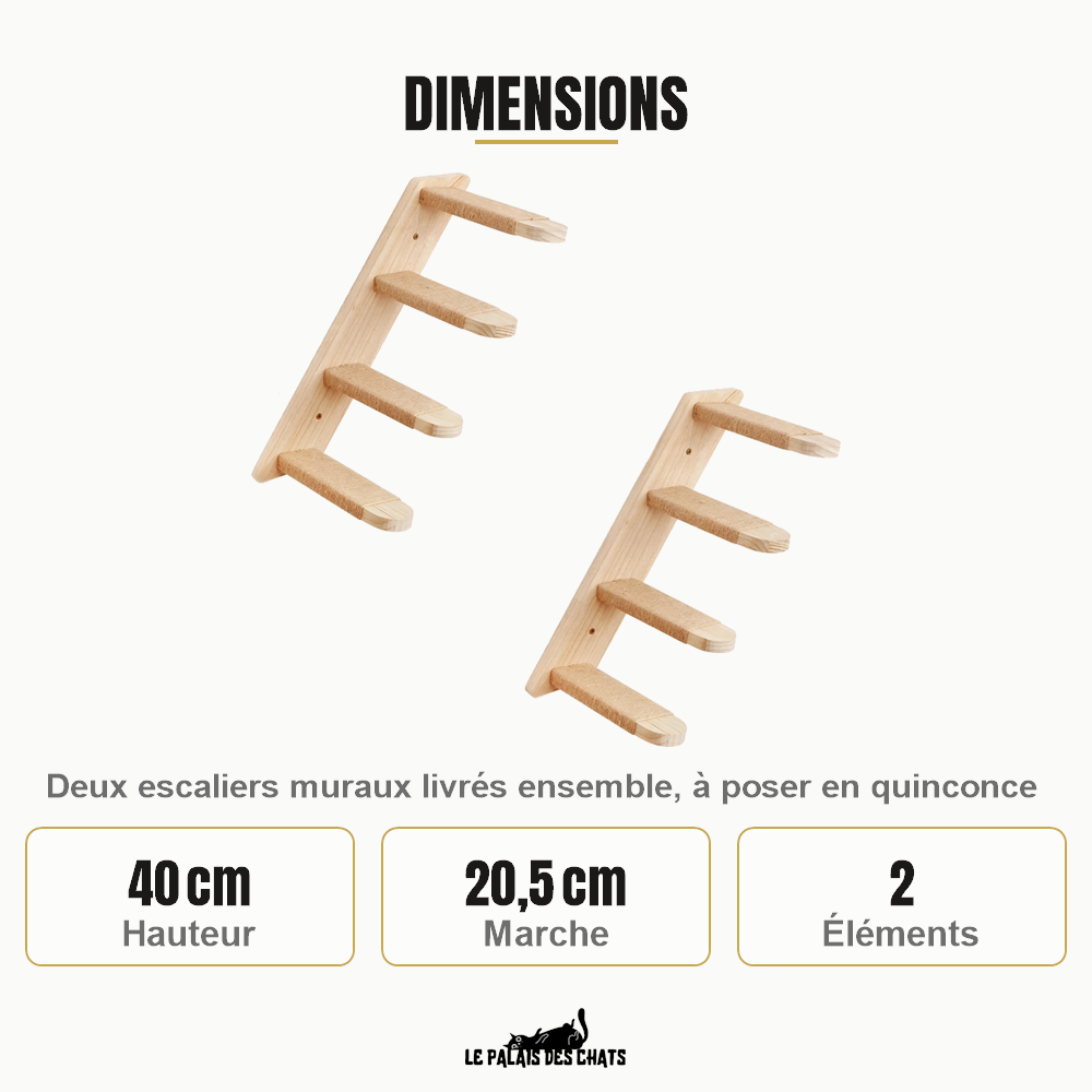 Dimensions des escaliers muraux : 40 cm de haut, marches de 20,5 cm, deux éléments