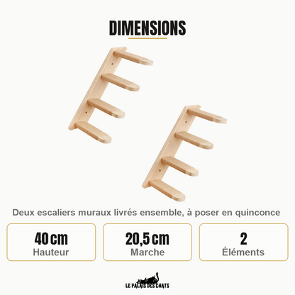 Dimensions des escaliers muraux : 40 cm de haut, marches de 20,5 cm, deux éléments