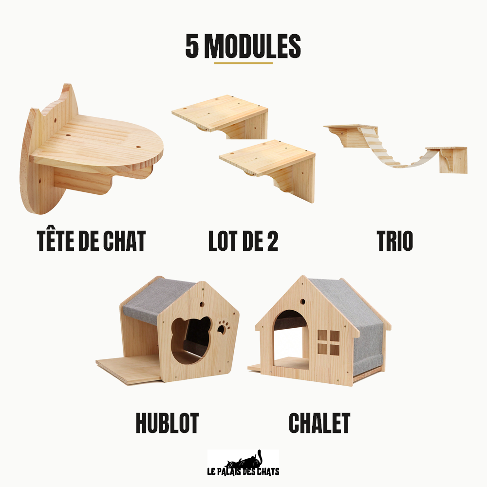 Les cinq modules muraux pour chat au choix : étagère, lot de 2, trio, hublot et chalet