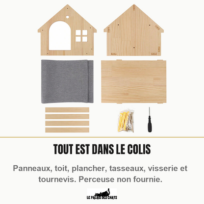 Contenu du colis de la maison murale pour chat : panneaux, toit, plancher, tasseaux, visserie et tournevis
