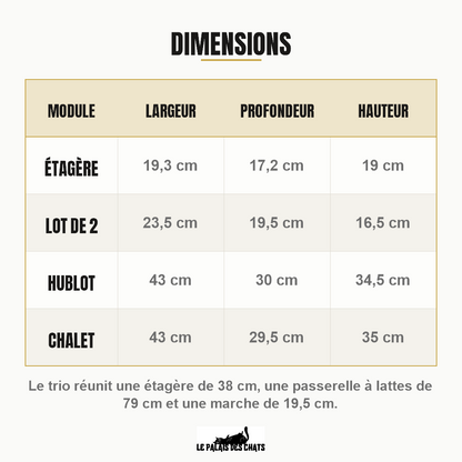 Dimensions des cinq modules muraux pour chat Mon Petit Village Perché