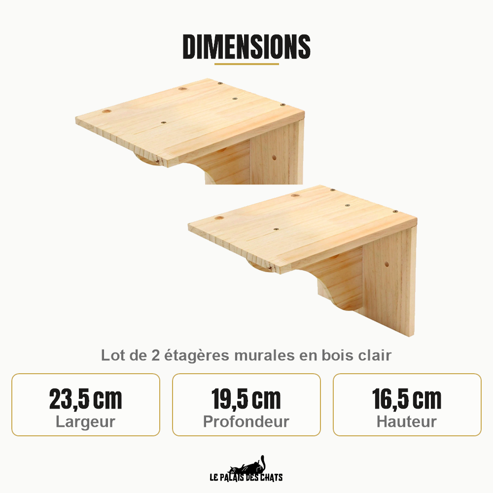 Dimensions de chaque étagère murale : 23,5 cm de large, 19,5 cm de profondeur, 16,5 cm de haut