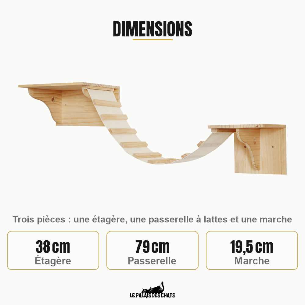 Dimensions du trio mural : étagère 38 cm, passerelle 79 cm, marche 19,5 cm