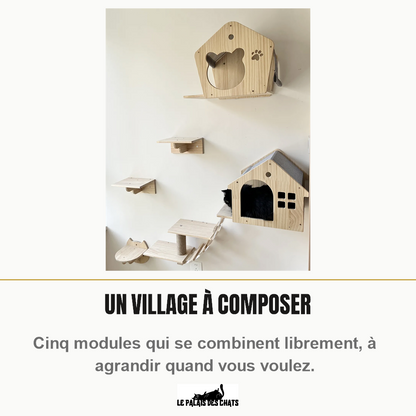 Mur complet équipé pour chat : maison hublot, étagères, passerelle et maison chalet en bois