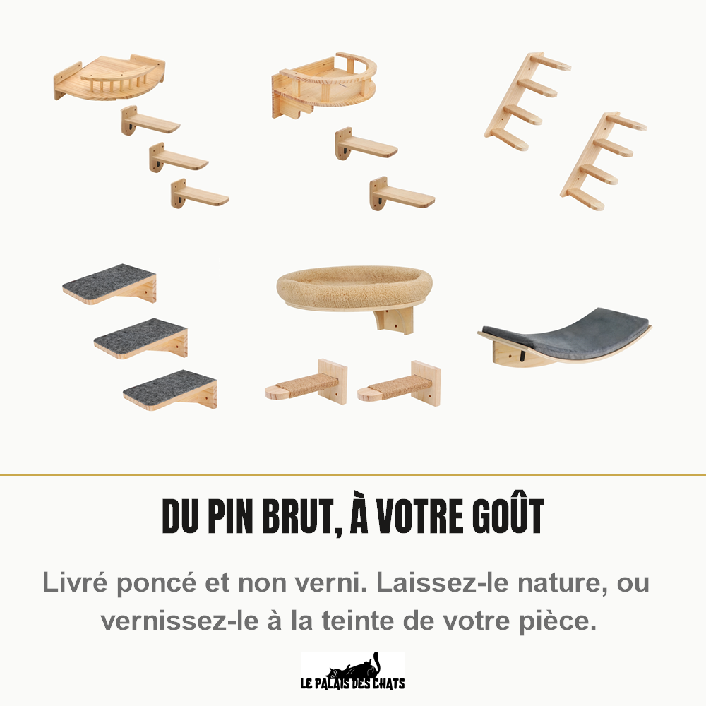 Étagères murales pour chat livrées en bois brut non verni, à vernir ou lasurer soi-même