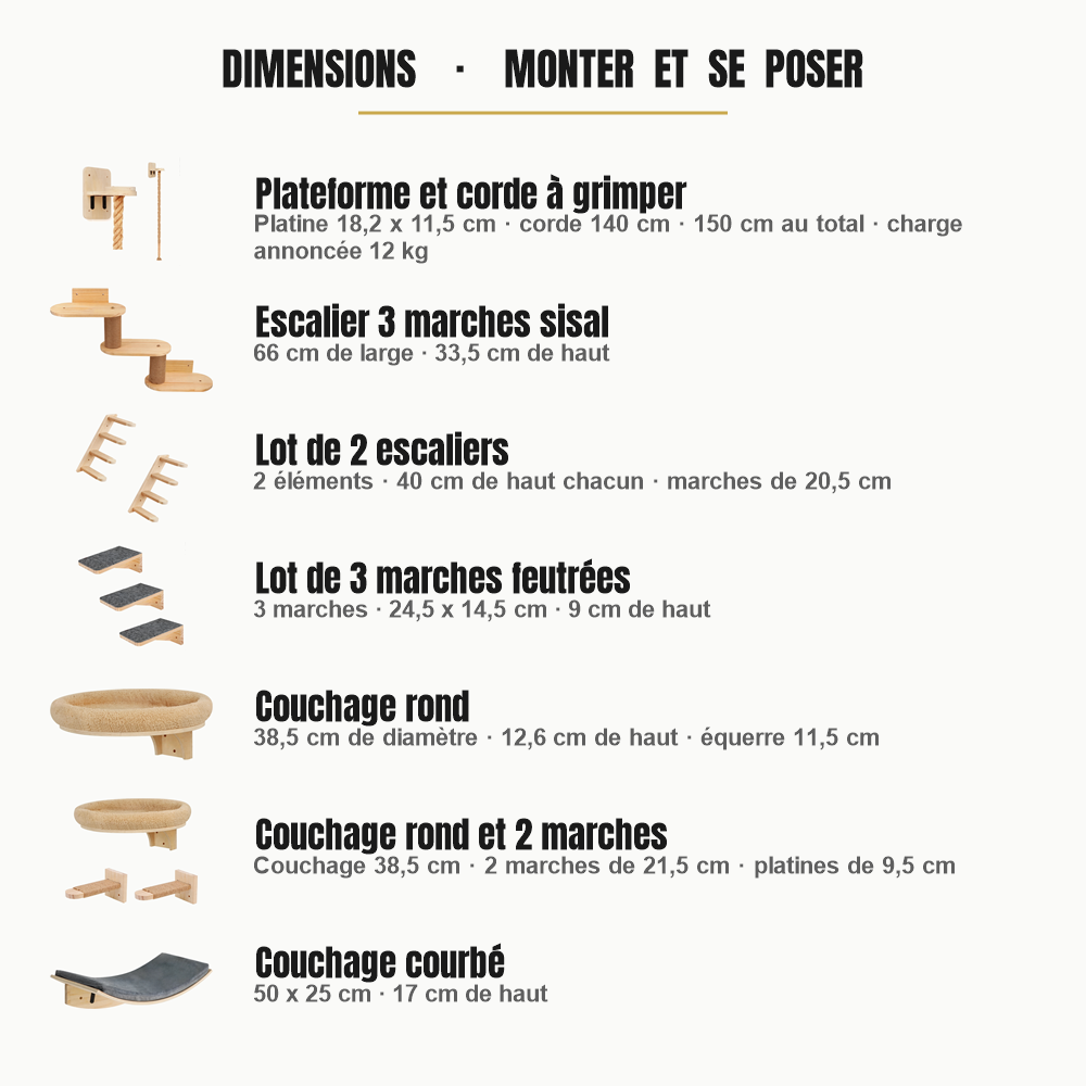 Dimensions des étagères murales pour chat : plateforme à corde, escaliers, marches et couchages