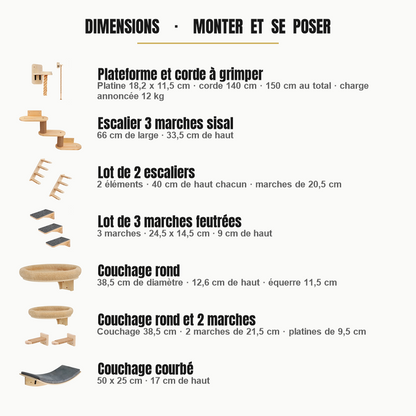 Dimensions des étagères murales pour chat : plateforme à corde, escaliers, marches et couchages