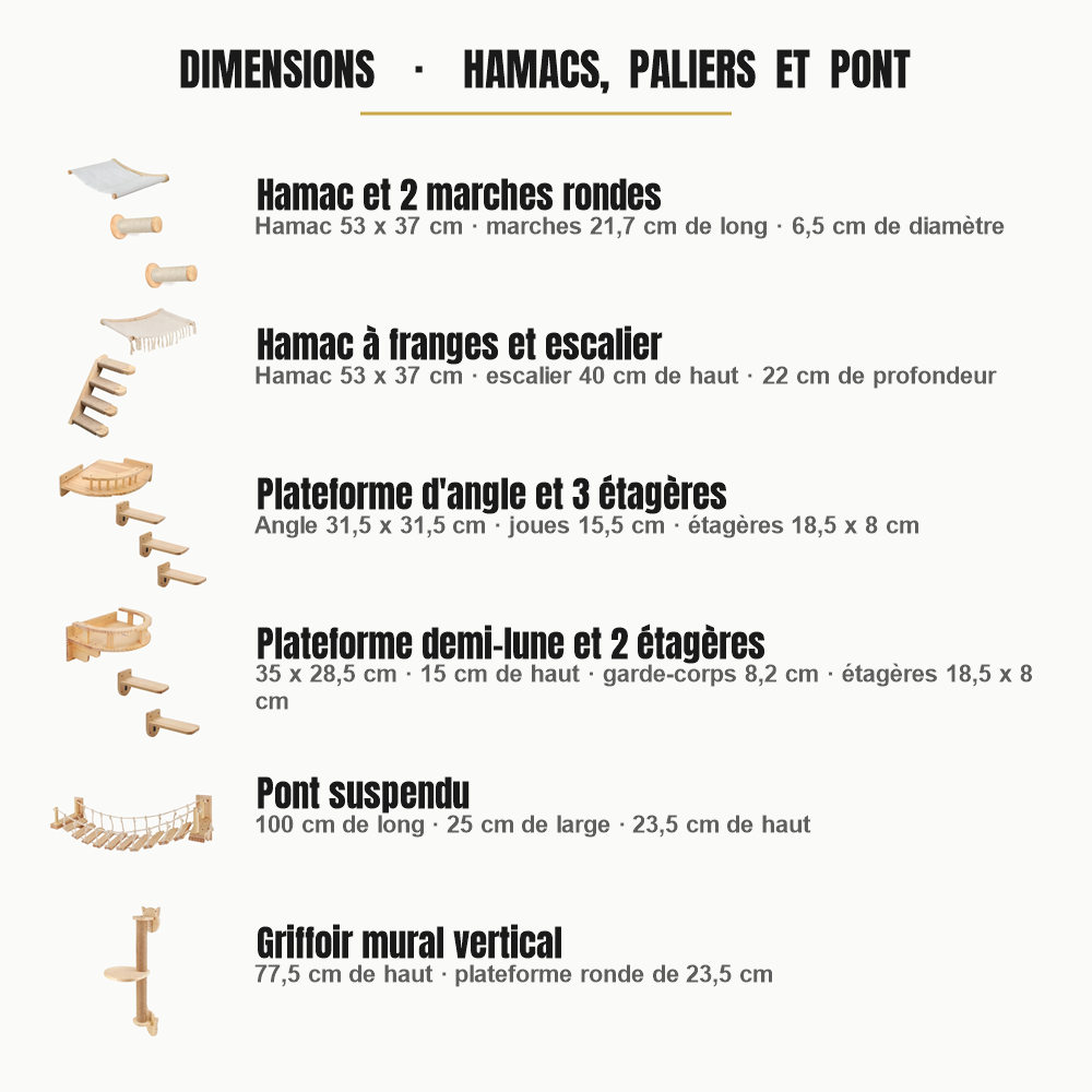 Dimensions des étagères murales pour chat : hamacs, plateformes, pont suspendu et griffoir