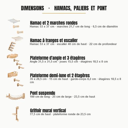 Dimensions des étagères murales pour chat : hamacs, plateformes, pont suspendu et griffoir