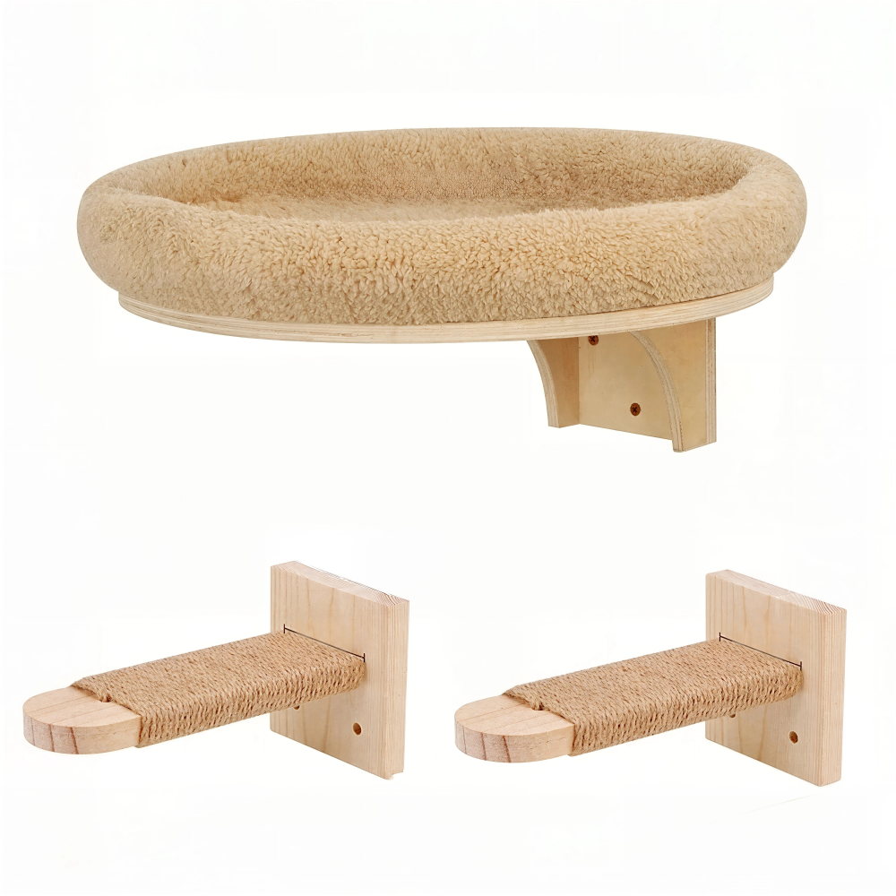 Couchage rond mural pour chat de 38,5 cm et 2 marches gainées de sisal, bois brut