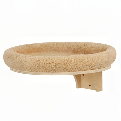Couchage rond mural pour chat de 38,5 cm, bordure moelleuse beige, support en bois brut