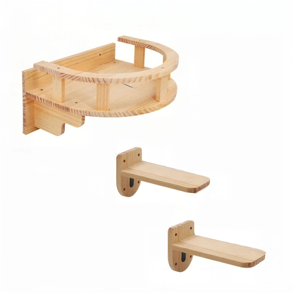 Plateforme murale demi-lune pour chat de 35 cm à garde-corps et 2 étagères, bois brut