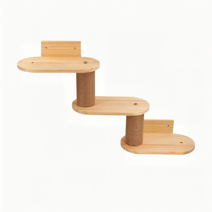 Escalier mural 3 marches pour chat de 66 cm, colonnes gainées de sisal, bois brut