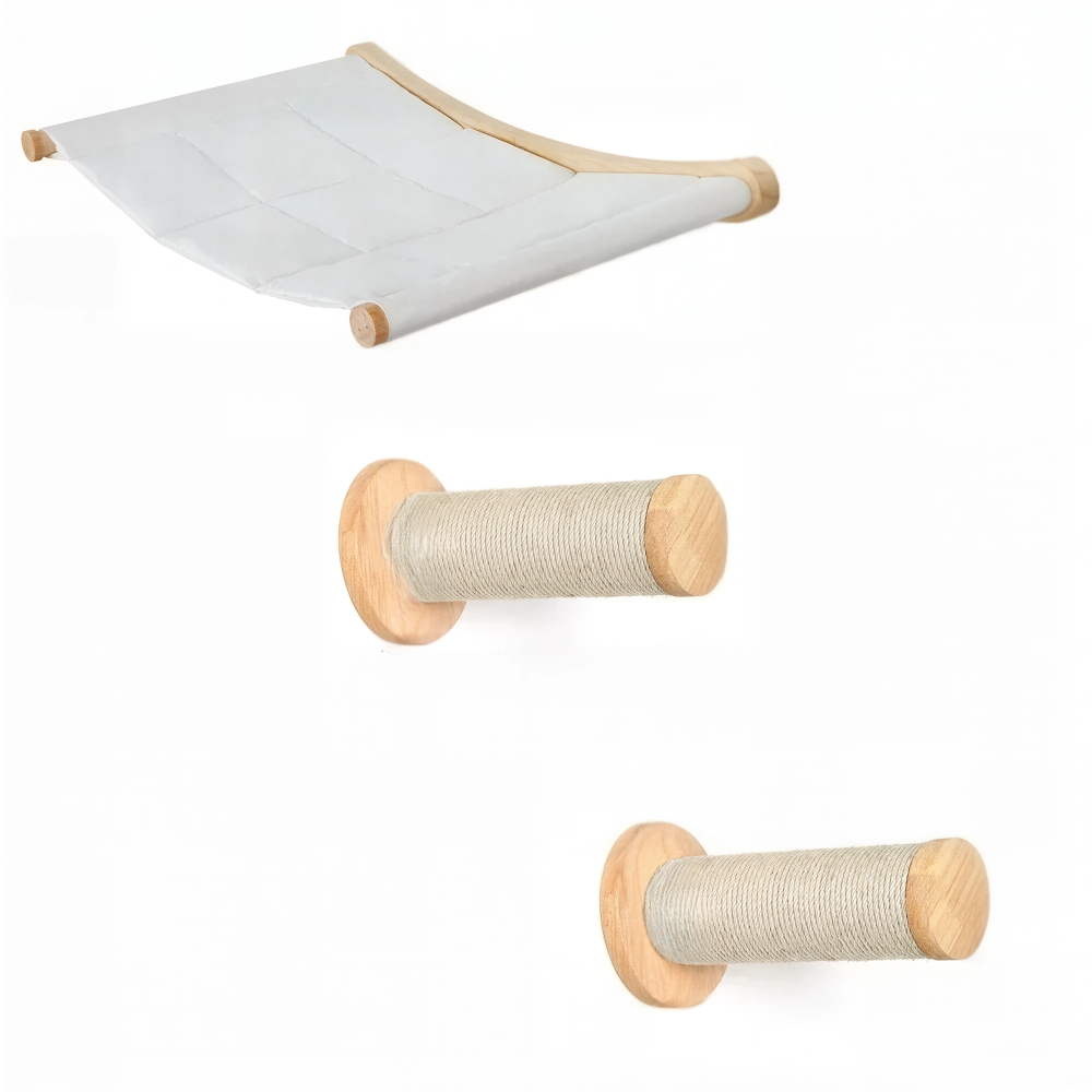 Hamac mural pour chat de 53 x 37 cm et 2 marches rondes gainées de sisal, bois brut