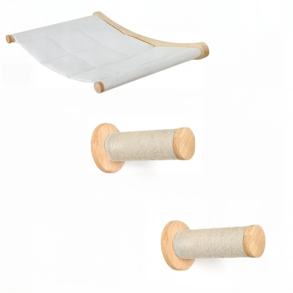 Hamac mural pour chat de 53 x 37 cm et 2 marches rondes gainées de sisal, bois brut